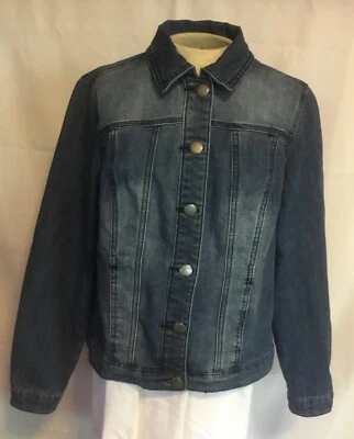 EUC Women's Christopher & Banks Collared Denim Jean Jacket Button-Up PETITE Med. - Image 1 of 4