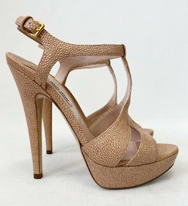 NEW MIU MIU Nude T-Strap Stingray Leather Platform Sandals 37.5 Stiletto 7.5 - Picture 1 of 7