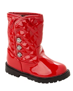 GIRLS RED PATENT QUILTED FUR LINED CASUAL WINTER ANKLE BOOTS INFANTS UK SIZE 3-7 - Picture 1 of 4