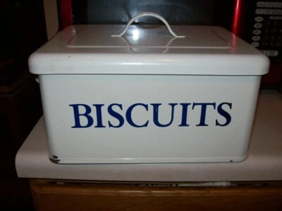 METAL BISCUITS STORAGE BOX WITH LID WHITE WITH BLUE PRINT - Image 1 of 4
