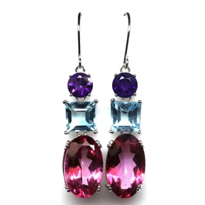 Gemstone Sky Blue - Pink Topaz & Purple Amethyst Earrings 925 Silver White Gold  - Image 1 of 4