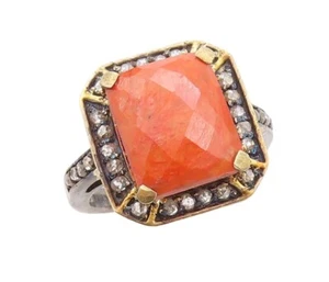 925 Sterling Silver Vintage Ring Square Orange Gemstone & Diamonds Sz 7 RG30180 - Picture 1 of 8