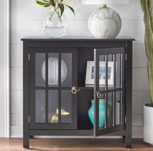 Black Glass Door Cabinet with Fixed Shelf and Bold Modern Farmhouse Style - Picture 1 of 6