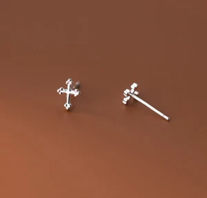 Silver Tiny Faith Cross Stud Earrings - Picture 1 of 2