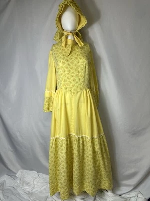 Maxi Vestido Vintage Años 70 Amarillo Algodón Pradera Bordado Acanalado Cottage Talla S M Foto 1 de 4