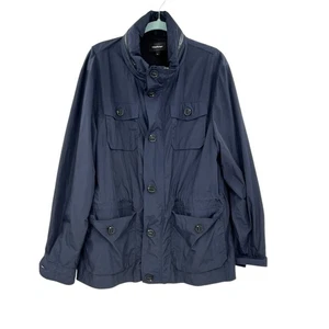 Mackage Wyatt Safari Rain Jacket Button Zipper Leather Trim Blue Size 44 US XL - Picture 1 of 15