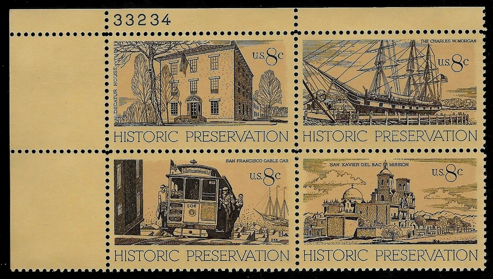 HISTORIC PRESERVATION 1971 US HISTORY #1440-1443 MINT NH VF 8c STAMP PLATE BLOCK - Image 1 of 4