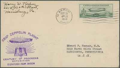 1933 USA-ZEPPELIN CENTURY OF PROGRESS FLIGHT COVER FROM AKRON TO SEVILLE #243C - Image 1 of 2