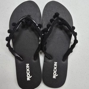Rockin Flip Flops Womens 7 Black Puff Pom Pom Balls Beachy Grunge Goth Boho - Bild 1 von 8