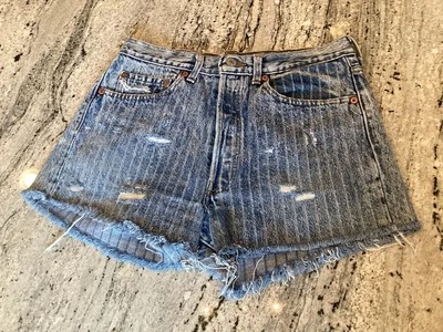VGT Levi’s Cut Off  Distressed Pinstripe Button Fly Shorts Daisy Dukes SZ 30 - Image 1 of 4
