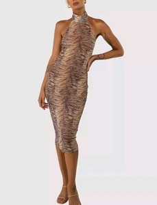 Jagger And Stone Dress Size 8 Halter Midi Tiger Sexy Print Jgr Stn Backless - Picture 1 of 8