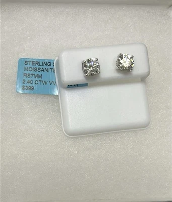 ITALIAN STERLING SILVER 925 MOISSANITE EARRINGS RS7MM 2.40 CTW MSRP$399 - Image 1 of 4