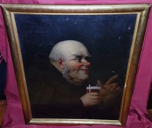 Superbe huile sur toile  du XIX e siècle"  portrait d'un moine buveur de biére " - Picture 1 of 2