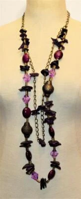 Vintage Tono Bronce Metal Morado Plástico & Vidrio 2 Hebras 32" Collar - Imagen 1 de 4