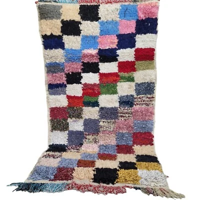 Handmade Moroccan Boujaad Rug 5'7" x 3' Patchwork Berber Blue Red Wool Carpet - Image 1 of 4