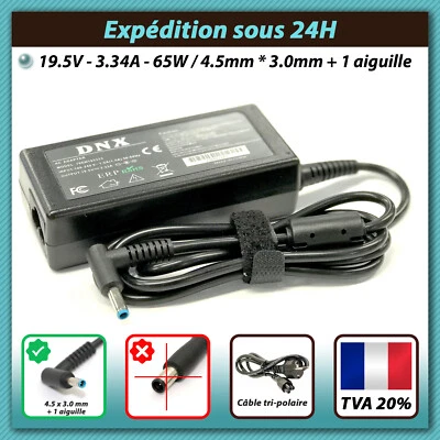 DNX Chargeur d'Alimentation 19,5V 3,33A 65W Pin Bleu Pour Ordinateur PC Portable HP