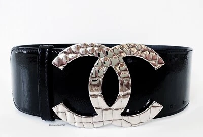 CINTURÓN ANCHO CHANEL 07P PASARELA CHAROL NEGRO PLATA LOGOTIPO CC 70 28 Foto 1 de 4