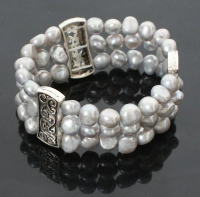 Pulsera elástica de tres filas Nature de perlas de agua dulce de 8-9 mm para mujer Foto 1 de 4