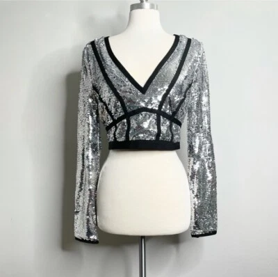 Top corto WOW COUTURE GOLD LABEL manga larga cuello en V lentejuelas Foto 1 de 4