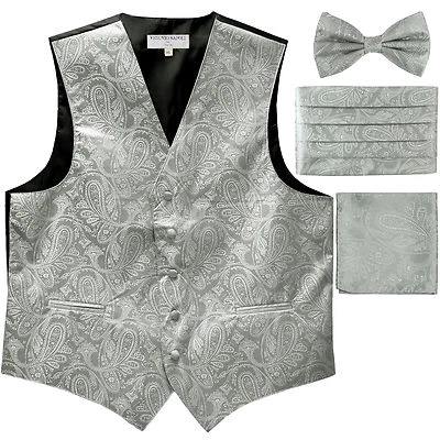 New Men's Paisley Tuxedo Vest Waistcoat & Cummerbund & Bow tie & Hankie Silver - Image 1 of 4