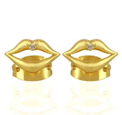 Pendientes con diseño en forma de labios de oro amarillo para mujer con pasadores en piedra de circón - Imagen 1 de 4