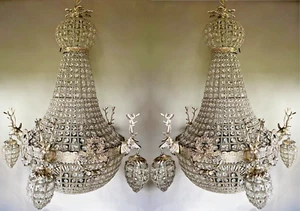 Chandeliers Vintage French Louis XVI Pair w/ Silver Deer Head Accents - Picture 1 of 16