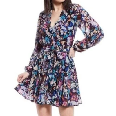 NUEVO NUEVO CON ETIQUETAS BELLE BADGLEY MISCHKA Vestido de Jardín Alison Cuello en V Púrpura Azul Floral EE. UU. 4 Foto 1 de 4