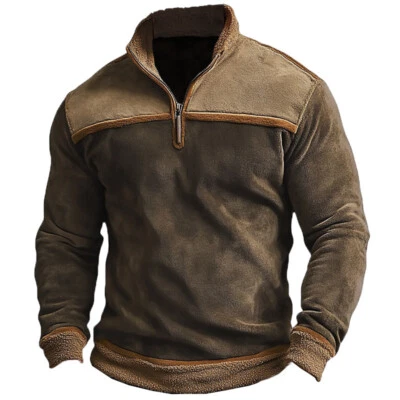 Mens Vintage Faux Suede Splicing Stand Collar Pullover Casual Long Sleeve Hoodie - Image 1 of 4