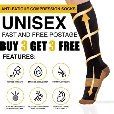 Unisex Copper Infused Anti-Fatigue Compression Socks Varicose Vein Stocking Pair - Image 1 of 4