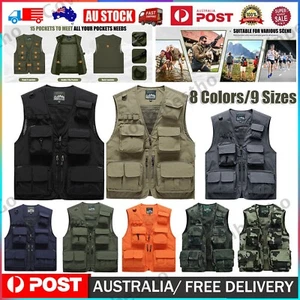 Men Cargo Multi Pockets Vest Utility Waistcoat Fishing Hiking Sleeveless Jackets - Picture 1 of 18