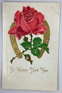 Postcard Happy New Year 1900s Embossed Rose Horseshoe I2 - Foto 1 di 2