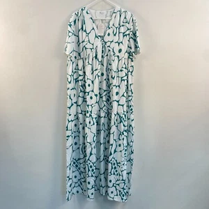 Womens XL Maxi Dress White Green Floral Pullover Short Sleeve Tiered V-Neck - Picture 1 of 10