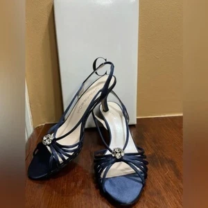 Caparros/women's shoes, blue satin, decorative crystals in front, 2.5" heels, 7 - Picture 1 of 4