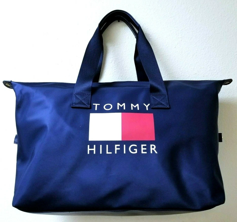 Tommy Hilfiger Navy Blue Nylon White Red Striped Weekender Duffle Bag
