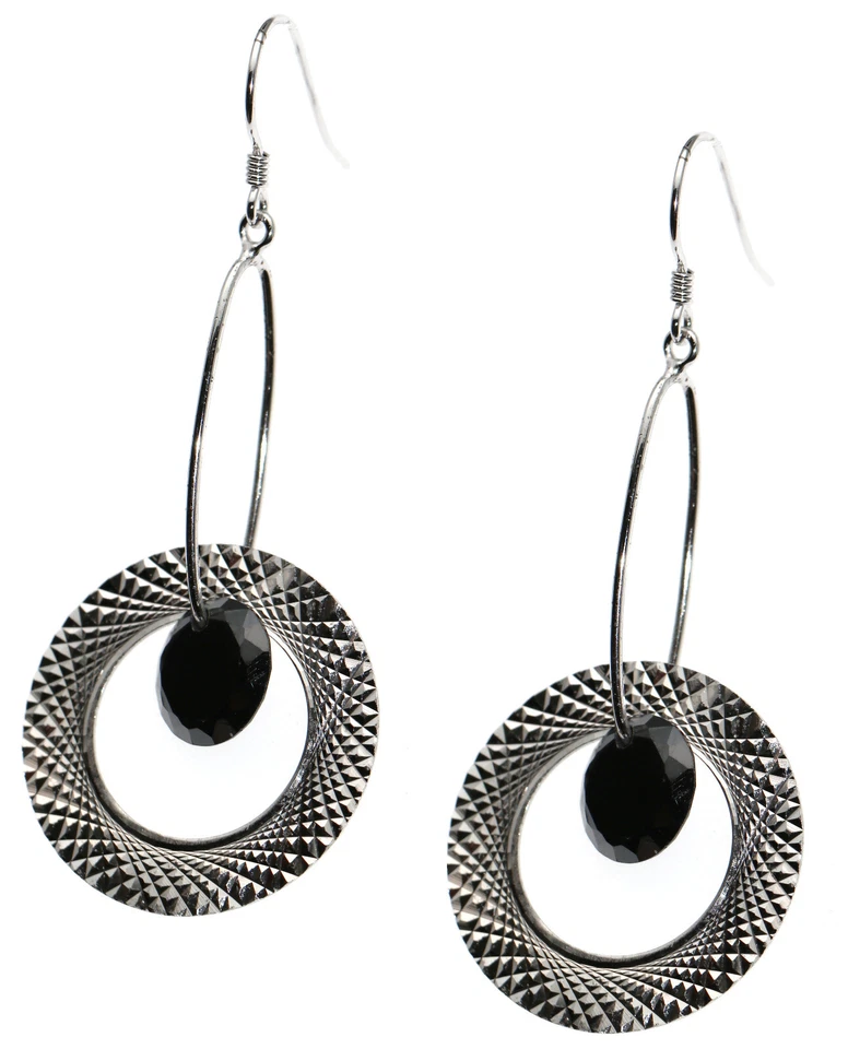 Orecchini argento 925 ciondoli pendenti cerchi incisi zircone nero brillante - Immagine 1 di 1