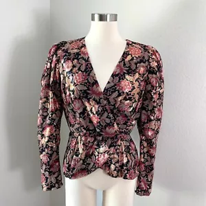 Camicetta EXPRESS donna media manica a sbuffo floreale metallizzata orlo peplo camicia top - Foto 1 di 10