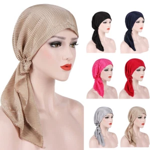 Lady Solid Long Tail Turban Hats Solid Color Beanie Slouchy Hair Head Wrap Caps - Picture 1 of 9