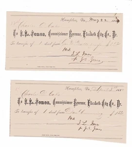 April 1882 & Mai 1884 Quittungen für die Übertragung der Urkunde Elizabeth City County VA - Bild 1 von 2