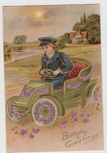 Geburtstag Junge fährt Auto auf dem Land Blumen deutsch Oldtimer Postkarte - Bild 1 von 2