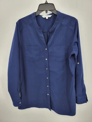 Top TravelSmith para mujer azul medio abotonado manga larga cuello en V minimalista Foto 1 de 4