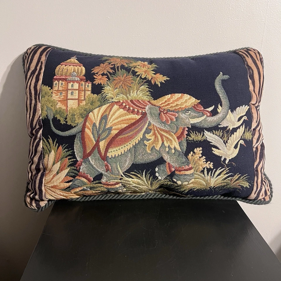 Ashford Court Elephant Tiger Trim Accent Throw Pillow Tapestry India Navy Blue - Image 1 of 4