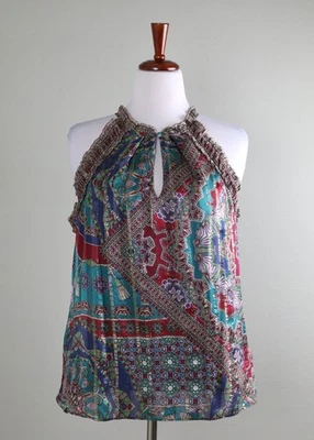 Camiseta sin mangas HALE BOB Los Angeles nueva con etiquetas $178 con volantes de seda forrada metálica talla grande Foto 1 de 4