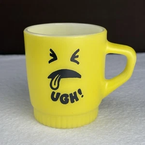 RARO! De colección MCM Yuck "¡Ugh!" Taza de vidrio acanalado amarillo Wink Smiley Face Fire-King difícil de encontrar - Imagen 1 de 7