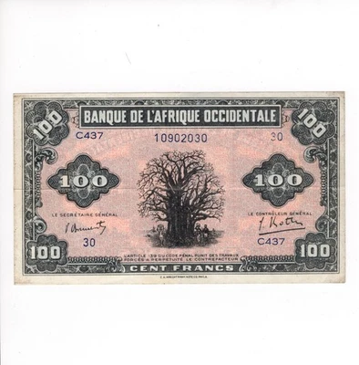 French West Africa-Banque de L'Afrique Occidentale 100 Francs 1942 High Grade - Image 1 of 2