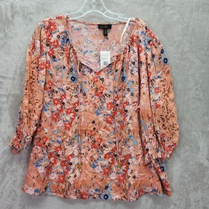 Jessica Simpson Blouse Womens Plus 2X Canyon Sunset Floral Lace Sleeve Career - Picture 1 of 9
