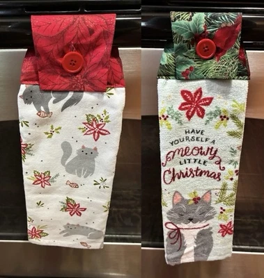 Handmade Hanging Kitchen Tea Towel Set Of 2 Christmas Cats Red Green NEW - Image 1 of 3