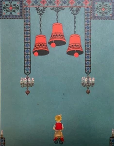 VTG Caspari Christmas Card Artist Margrethe Boy Standing By Large Red Bells - Picture 1 of 4