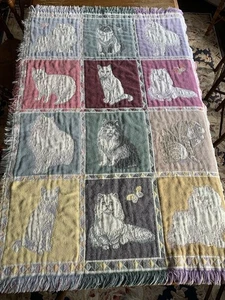 Vintage Crazy Cat Lady Woven Cotton Tapestry Throw Blanket 90s 68x45” Double Thi - Picture 1 of 13