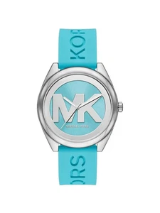 NWT Michael Kors MK7350 Janelle Watch Silver Dial Aqua Blue Silicone Band 42mm - Picture 1 of 6