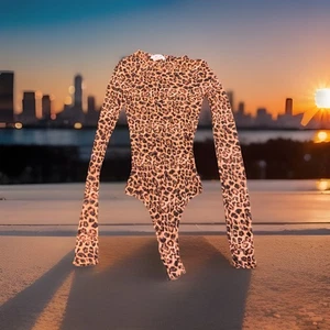 Y2K Bratz Leopard Mesh Bodysuit sz XS Long Sleeve Sexy High Cut Baddie Clubwear - Picture 1 of 3